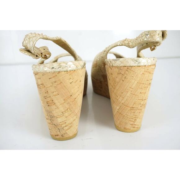 Stuart Weitzman Jean Metallic Snake Slingback Cork Wedge Heel Sandal SZ 10.5 New - Picture 7 of 11
